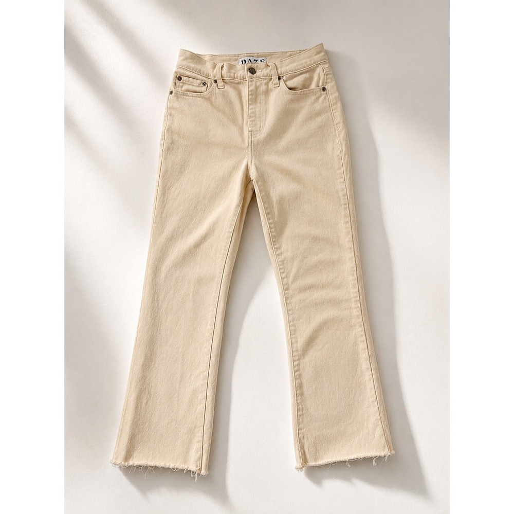 DAZE Tough Love Jeans 26 Cream Raw Hem Straight Leg High Rise Minimalist